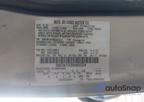 2008 Mercury Grand Marquis Ls из США, поврежденный, VIN 2MEFM75V38X602334